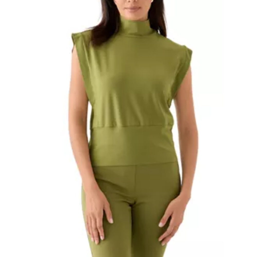 New Single Thread Olive Green Sleeveless Mock Neck Top